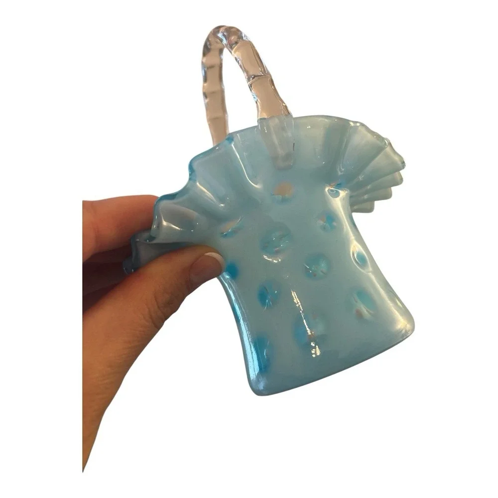 Fenton Aqua Opalescent Coin Dot Ruffled Top Hat Basket Art Glass